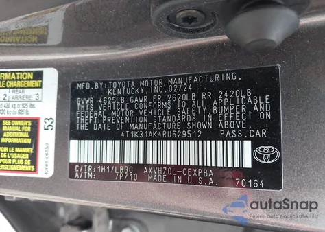 2024 Toyota Camry Hybrid Xse z USA, uszkodzony, nr VIN 4T1K31AK4RU629512